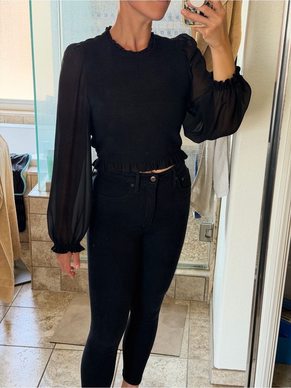 Wilfred Black Smocked Crop Top with Sheer Sleeves